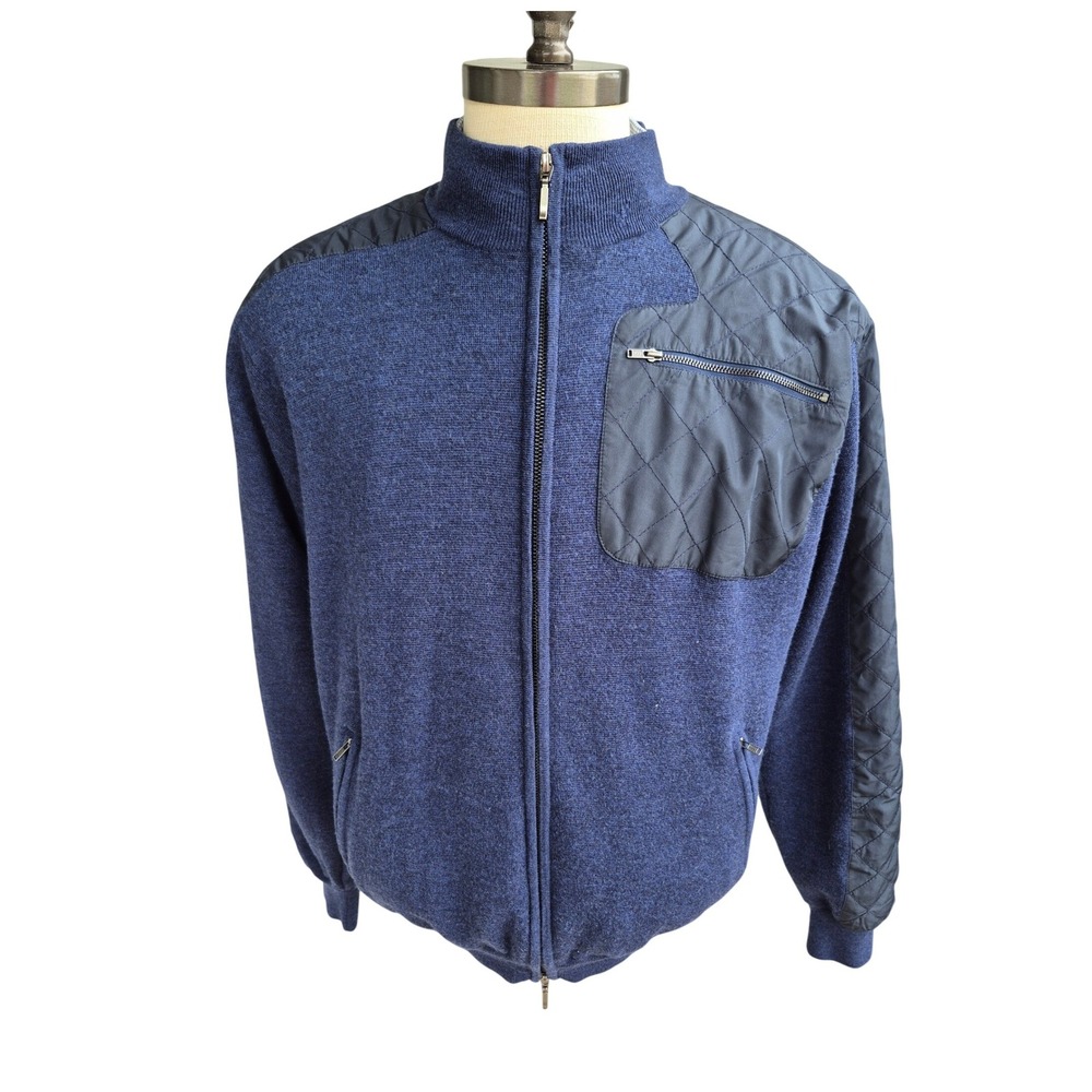 Turtleson Mens XL Navy Blue Merino Wool Quilted Full Zip Sweater Jacket